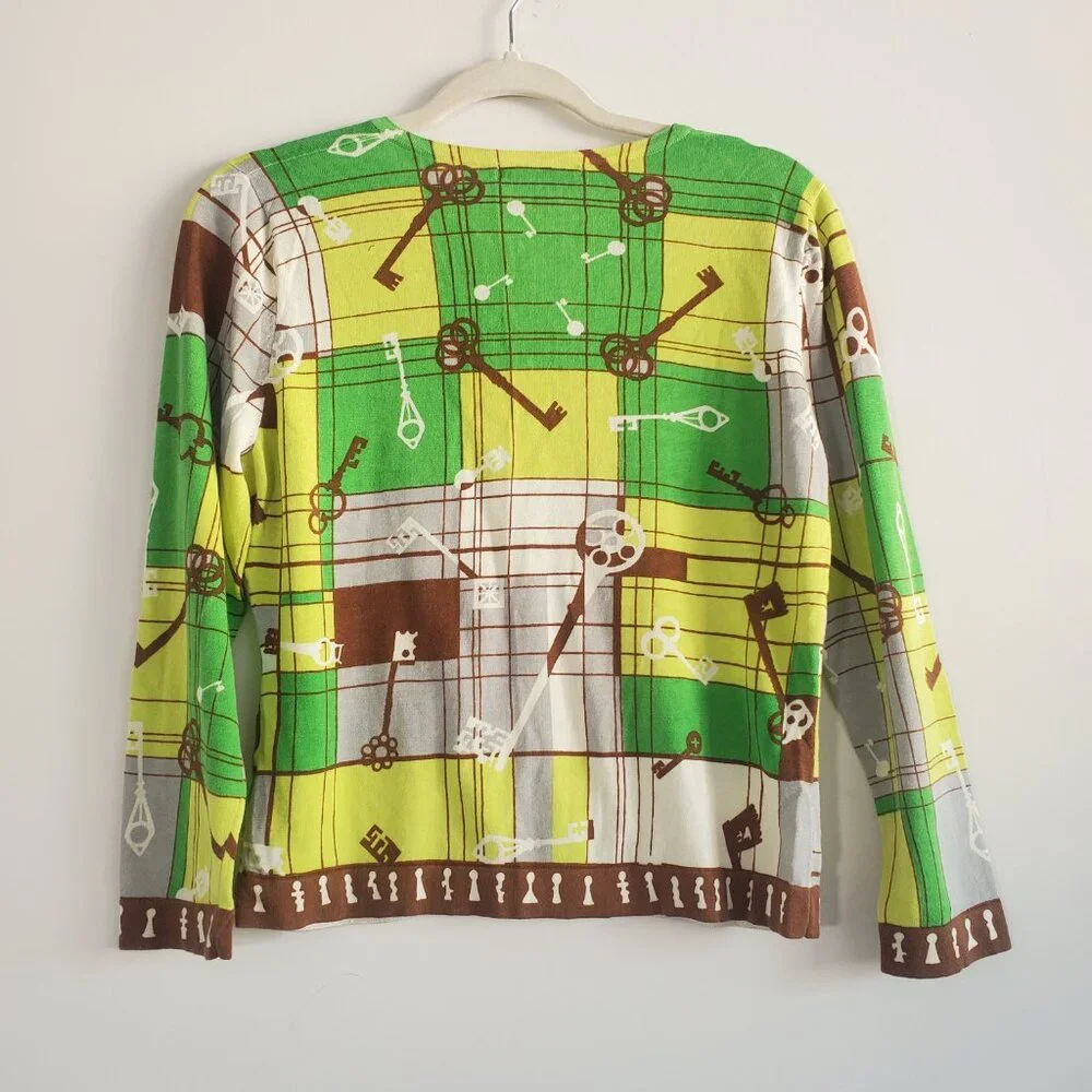 Cabi Printed Cardigan Sweater Medium Green Yellow Preppy Twee Novelty Vintage - Picture 5 of 9